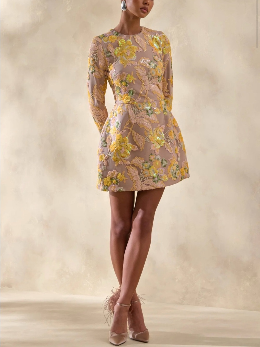 Embroidered Floral Mini Dress - Taupe with Yellow Accents